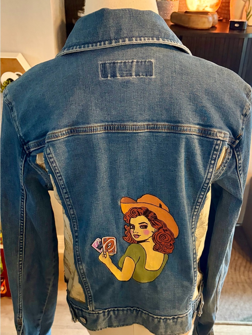 Women's Blue Denim Jacket with Vintage Cowgirl Graphic